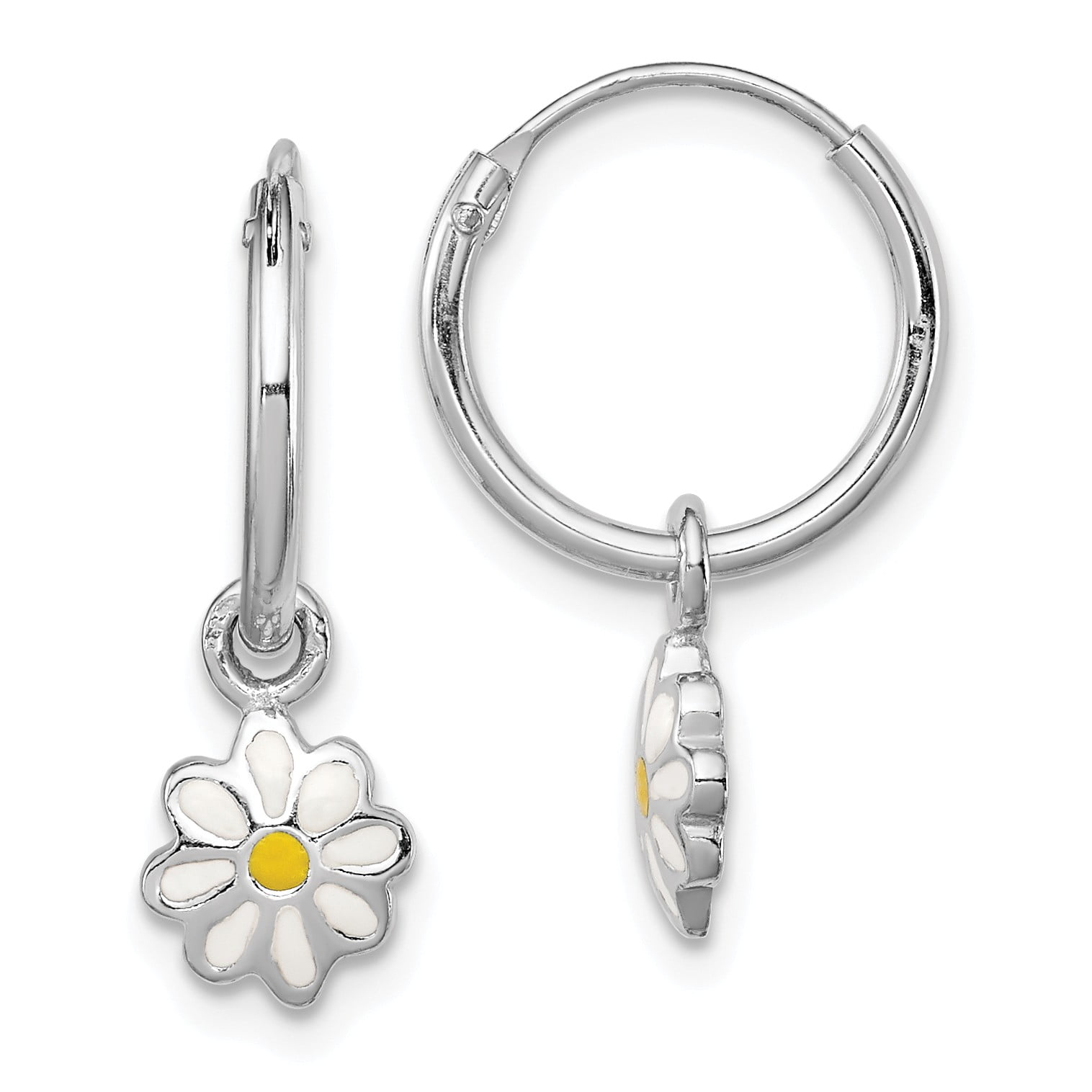 Sterling Silver RH Plated Child's Enameled Daisy Hinged Hoop Earrings 12mm x 21mm
