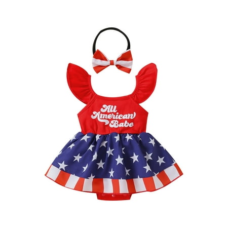 

Canrulo 4th of July Toddler Baby Girl American Flag Star Romper Dress with Headband Independence Day Outfits Red 0-3 Months