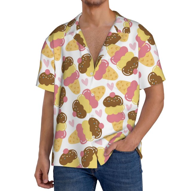 Balery Cute Ice Cream Camisa Casual de Manga Corta con Botones para Hombre, Texturizada, Estilo Cubano, para Playa, Verano-Medium