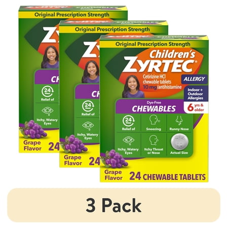 (3 pack) Children's Zyrtec 24 Hr 10 mg Allergy Chews for Ages 6+, Grape, 24 Count