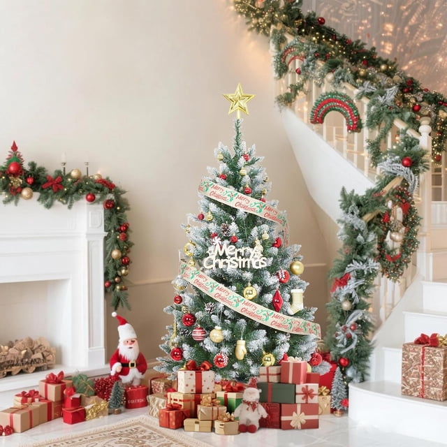 Ourlova 7.5FT Pre Lit Artificial Christmas Tree with Pinecones Warm White Lights Hinged Branches PVC Fir Tips Easy Assembly