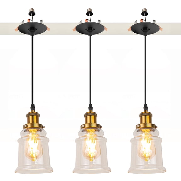 Kiven Can Lights Retrofit Recessed Lighting with E26 Power Outlet Adapter, 4/5 Inch Replacement Conversion Kit, Farmhouse Glass Pendant Lighting for Living Room Hallway Kitchen,3 Lights, Gold