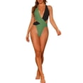 thumbnail image 2 of INSPIRAR CHIC Traje de baño de una pieza para mujer, color contrastante, escote en V profundo, espalda cruzada, bañador monokini, talla X-Large, verde militar y negro, 2 of 5
