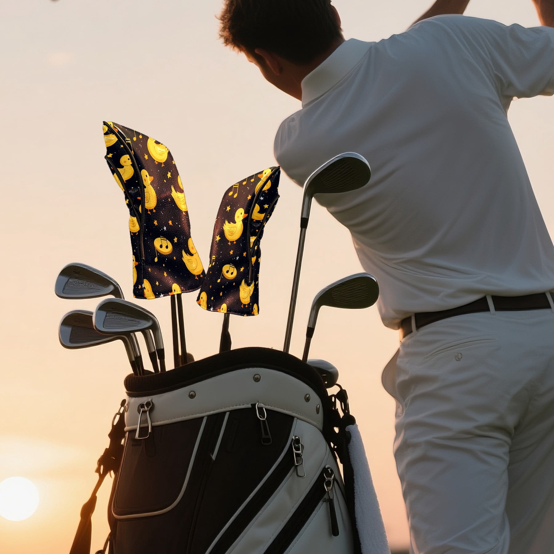 Golf Head Covers Little Yellow Duck Design for Driver, Wood & Hybrid, Premium Waterproof PU Leather with Plush Lining, Cute Animal Golf Gifts