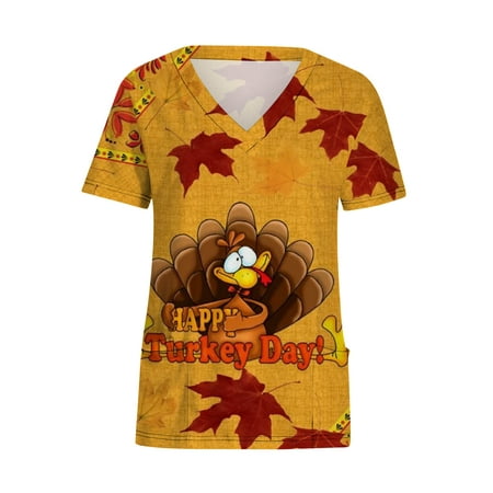 

Odeerbi Thanksgiving Scrub Shirts for Women Short Sleeve V-Neck Turkey Workwear Scrub Tops With Pockets Gold