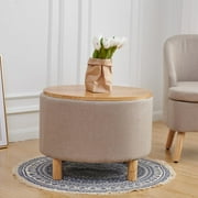 Round Coffee Table with Storage for Bedroom Living Room Round Ottoman as a Foot Rest Multi-Function High-Capacity Cotton and Linen Fabric Natural Color Desktop Natural Color Feet