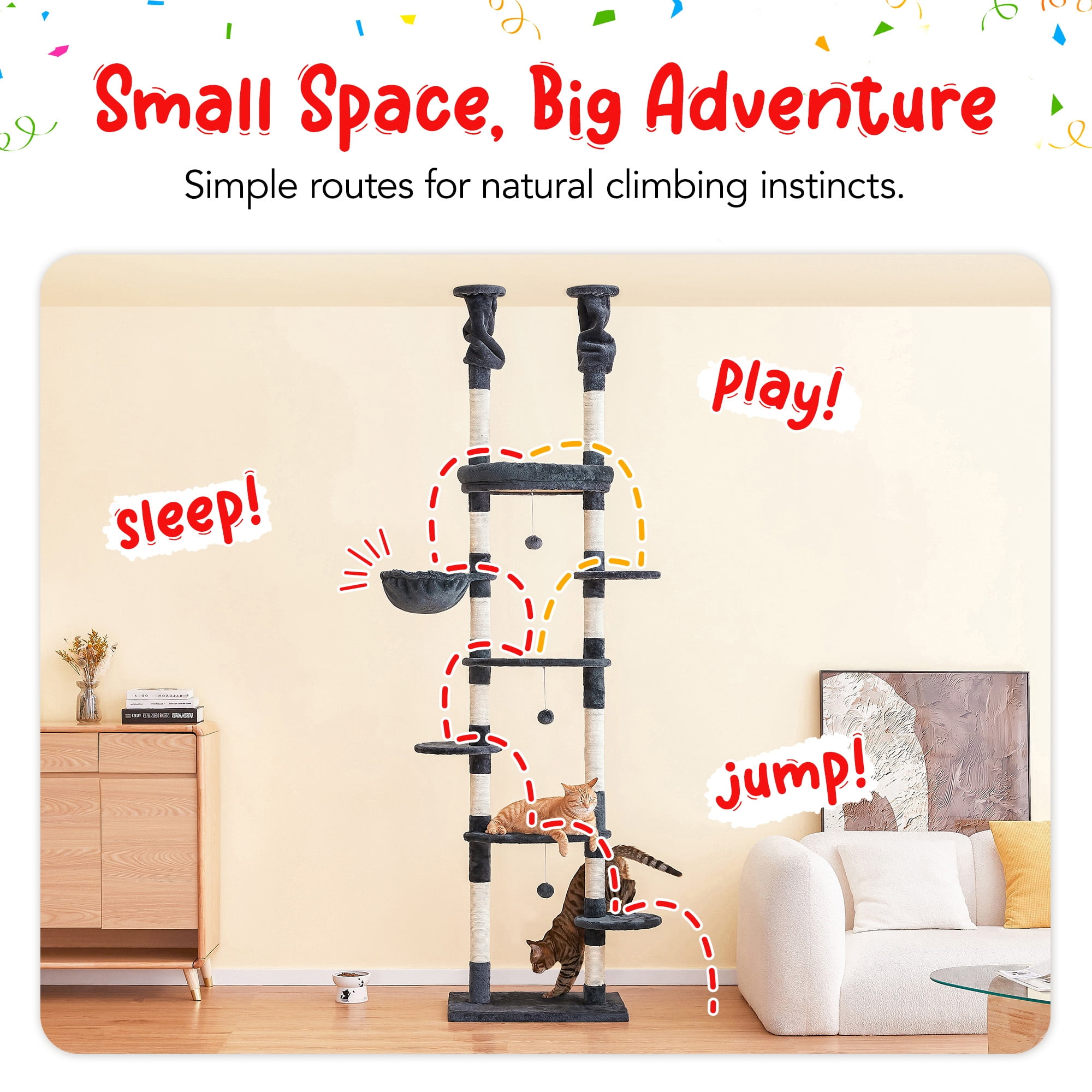 Furcato 92.1"-101.6" Adjustable Height Cat Tree, Floor to Ceiling Cat Tower, 7 Tiers Cat Climbing Tree with Hammock, Smoky Grey