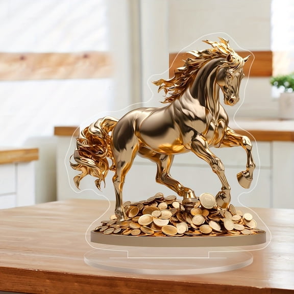 Year Of The Horse 2026, 7.8'' Wealth & Success Feng Shui Gold Horse Ornament, 2D Not 3D & Acrylic, Horse Ornaments with Gold Coin Base for Home Office Decor, Horse Gifts, Horse Stuff, Feng Shui Decor