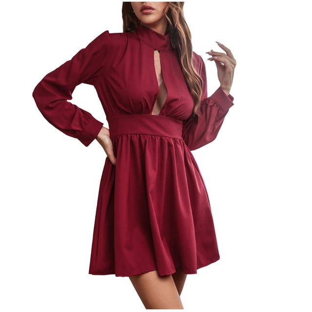 cfhntfmh Robes de Soirée pour Femmes Mode Découpes Col Montant Robe Mini Ample Manches Longues Plissée Robe de Boîte de Nuit