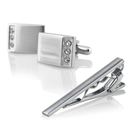 Zodaca Crystal Cuff Links Mens Wedding Party Gift Cufflinks+Silver Tie Clip