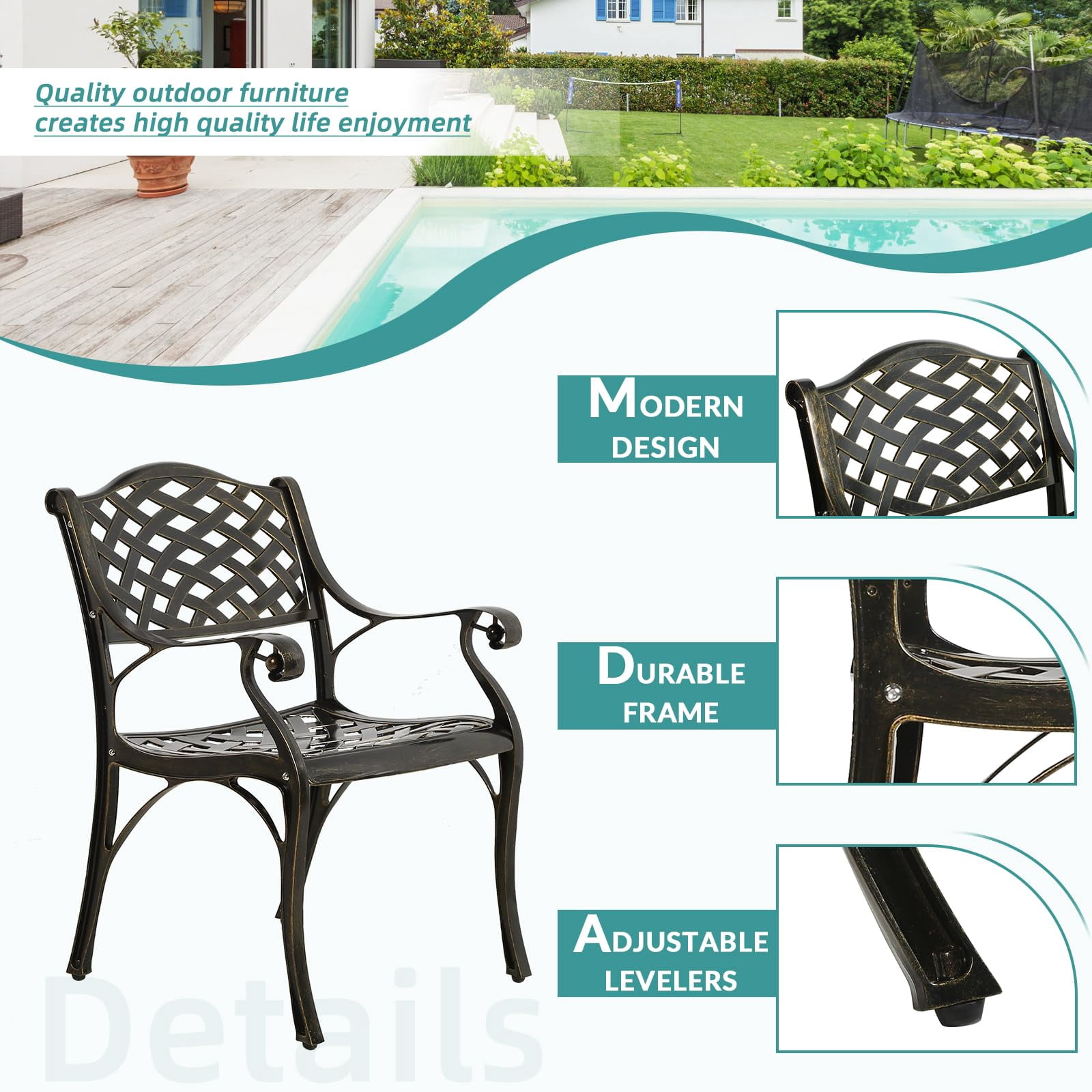 MEETWARM 9-Piece Outdoor Furniture Dining Set, All Weather Cast Aluminum Patio Garden Set- 8 Chairs, 61" Round Patio Dining Table with Detachable Lazy Susan, Umbrella Hole, Dark Bronze