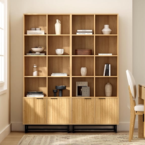 4-Tier Tall Bookshelf with Doors - Ample Storage Wooden Bookcase for Home Office, Living Room, Kitchen (Natural Oak, Set of 2)