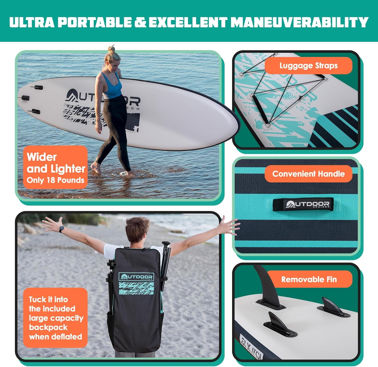 Outdoor Crusier Inflatable Stand Up Paddle Board, Ultra Portable & Lightweight, Wide Stable Non-Slip Design, Complete SUP Accessories, High-Quality Drop-Stitch Material - Caribbean Sea Blue