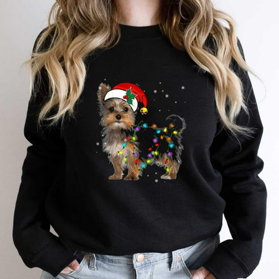 Cute Yorkie Dog Tangled in Christmas Lights, Funny Holiday Graphic SW16669 Unisex Sweatshirt, Up to Size 5XL