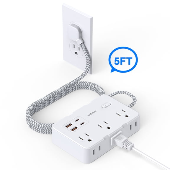 JcBlaon 10 in 1 Power Strip with 5FT  , Ultra Thin Flat Plug Power Strip with 4 USB Ports 6 Outlets, 5 Ft Braided  Extension Cord，Overload Protection, Outlet Extender for Travel