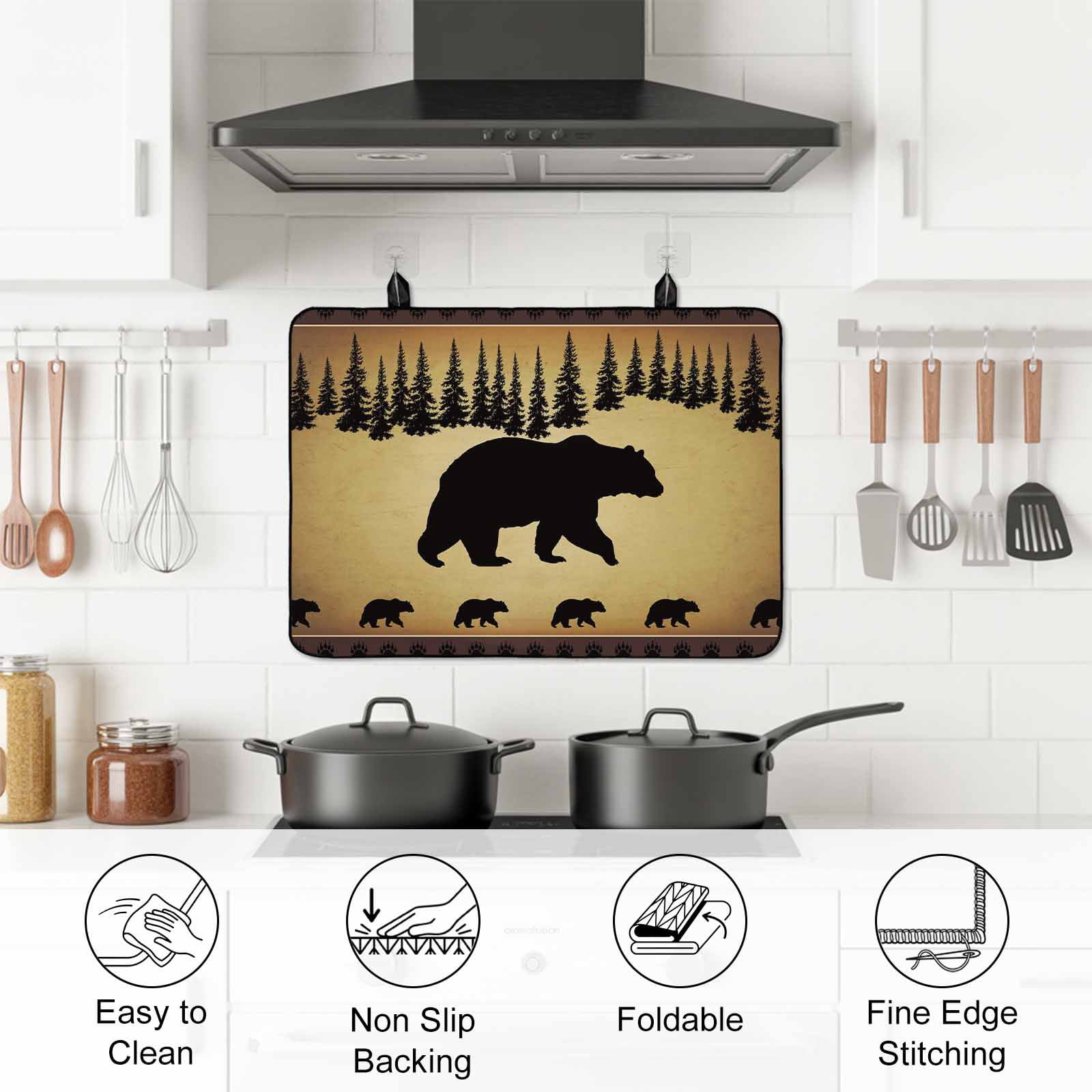 Black Bear Stove Top Cover for Electric Stove, Heat-proof & Non Slip Glass Top Stove Cover Protector, Vintage Animals Farmhouse Pine Brown Forest Kitchen Flat Cooktop Rubber Mat 24x21 Inches