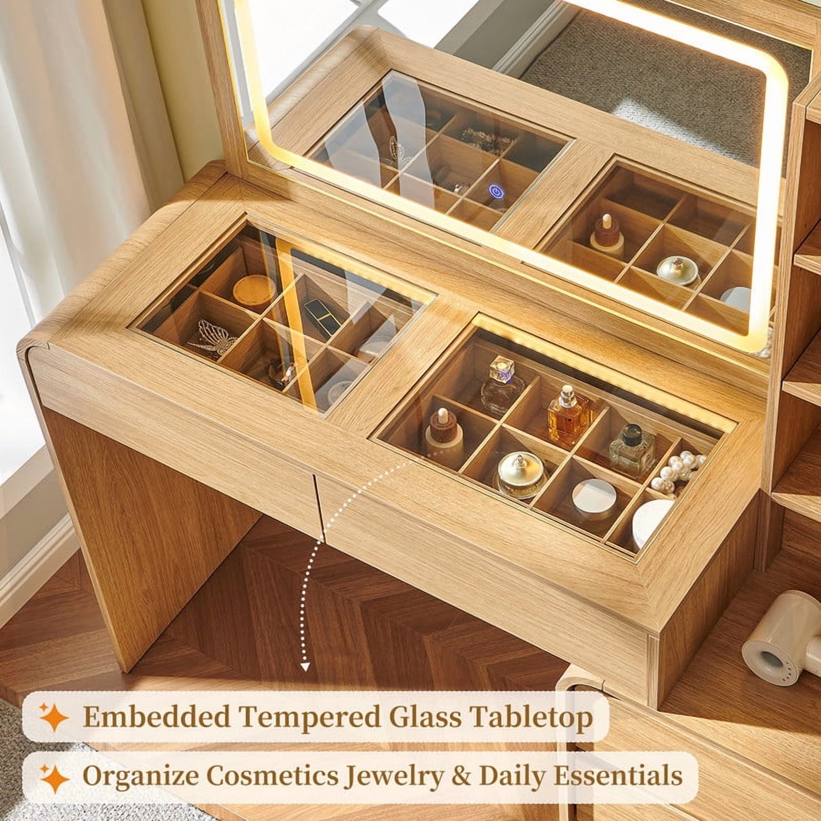Aitjunz Modern Glass Top Vanity Desk with LED Mirror photo 3