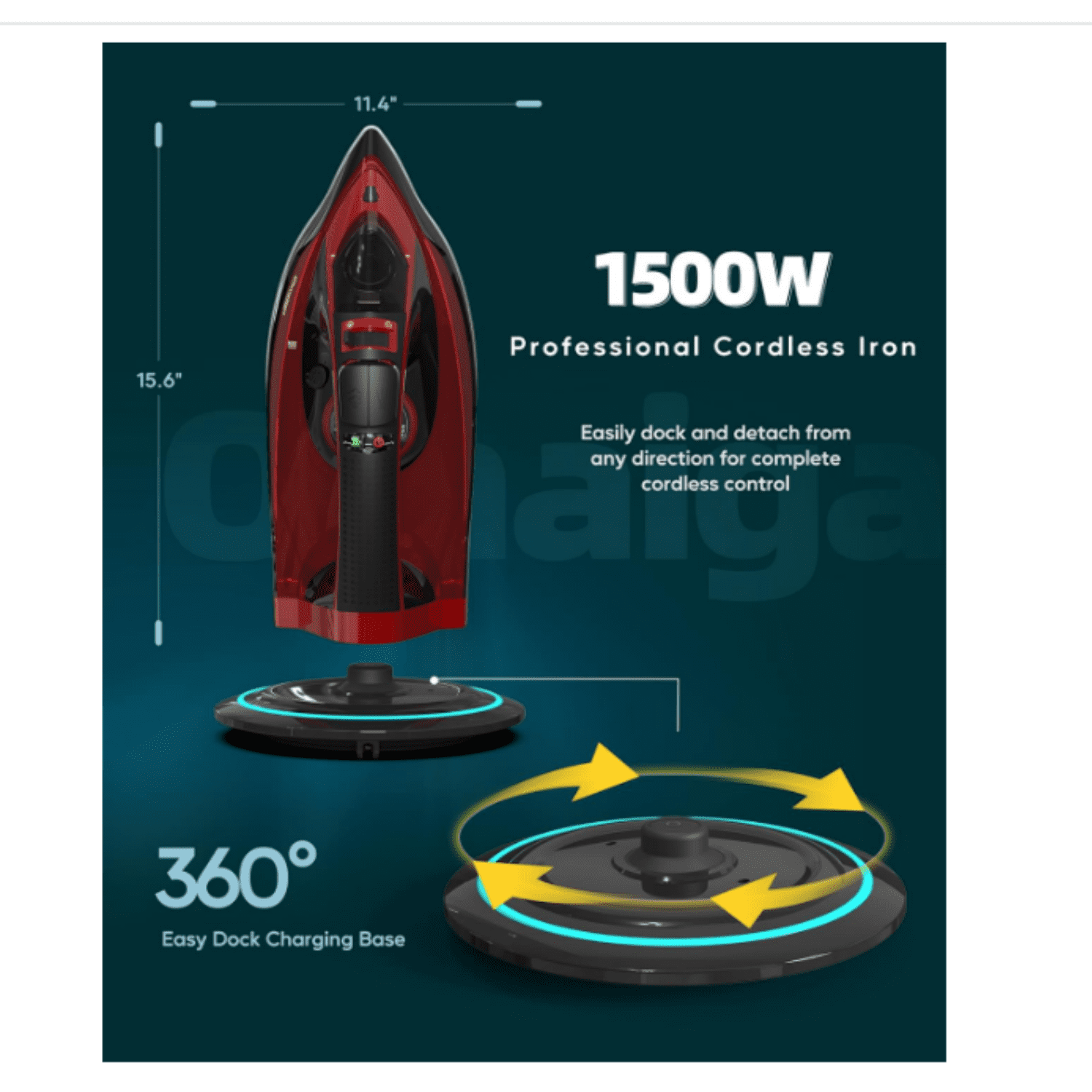 Cordless Iron for Clothes - 1500W Steam Iron with Non-Stick Ceramic Soleplate, Rapid Heating, Auto Shut Off, Burst of Steam, Self-Clean, Anti-Drip, Anti-Calc, 3 Temperature Settings, Red