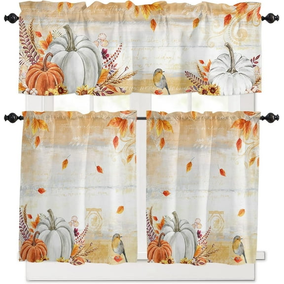 Thanksgiving Fall Kitchen Window Curtain Set with Tiers and Valance, 3 Pieces Rod Pocket Valances White Pumpkin Retro Autumn Texture Window Treatment for Kitchen Bedroom Farmhouse (52"W x 18"L)