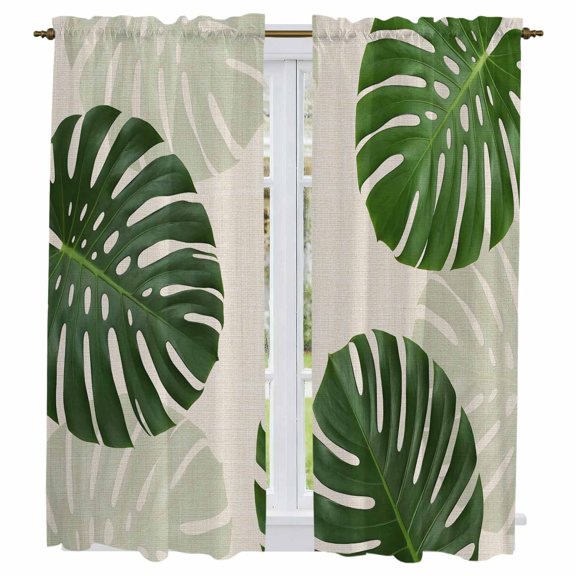 Tropical Leaves Kitchen Curtains 63 Inch Length, Summer Botanical Monstera Palm Leaf Tiers Curtains for Living Room Berdoom Bathroom, Light Filtering Drapes Window Treatment 2 Panels 42"Wx63"L