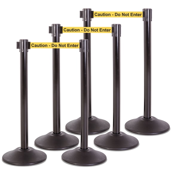 US Weight Heavy Duty Premium Black Steel Stanchion with Caution 7.5-Foot Retractable Belt- 6 PK