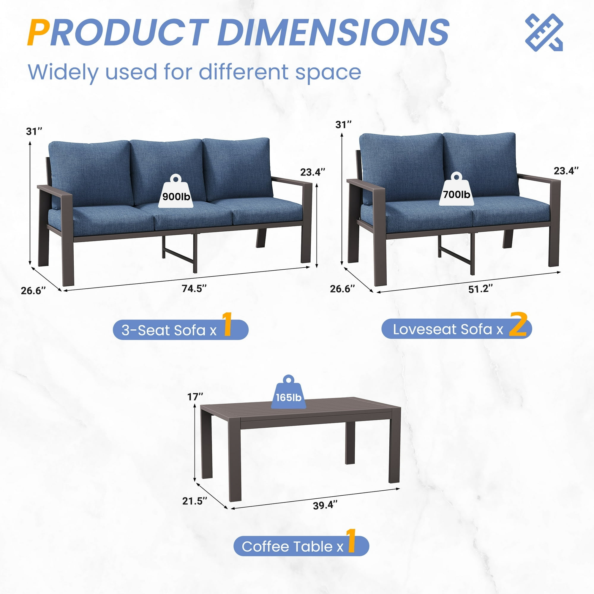 UDPATIO Aluminum Patio Furniture Set, Contemporary Outdoor Couch Set, Aluminum Patio Conversation Set, Blue