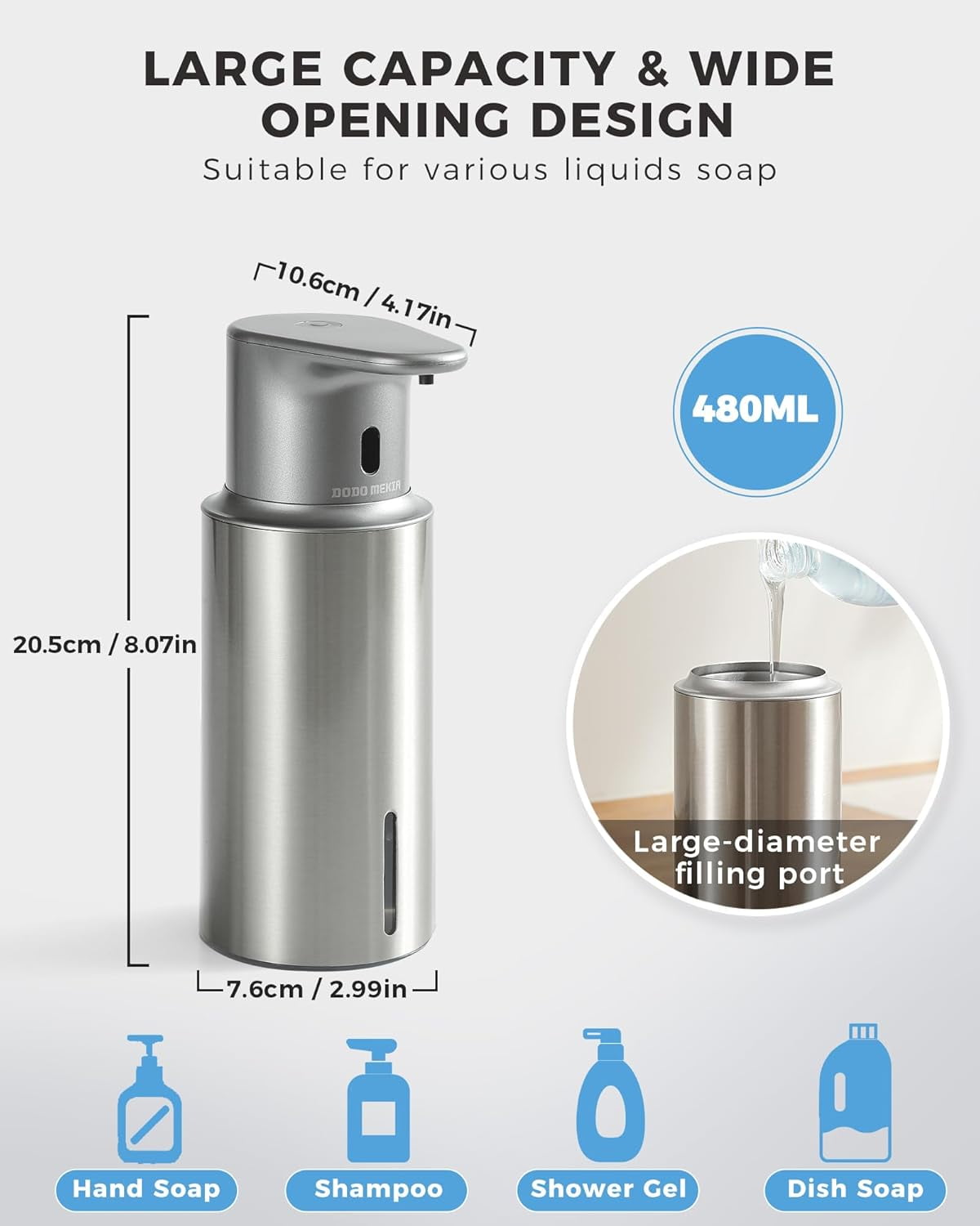 DODO MEKIA Automatic Liquid Soap Dispenser Touchless, 16.2oz/480ml Rechargeable, 3 Adjustable Liquid Levels, IPX5 Waterproof, for Kitchen Bathroom, Stainless Steel
