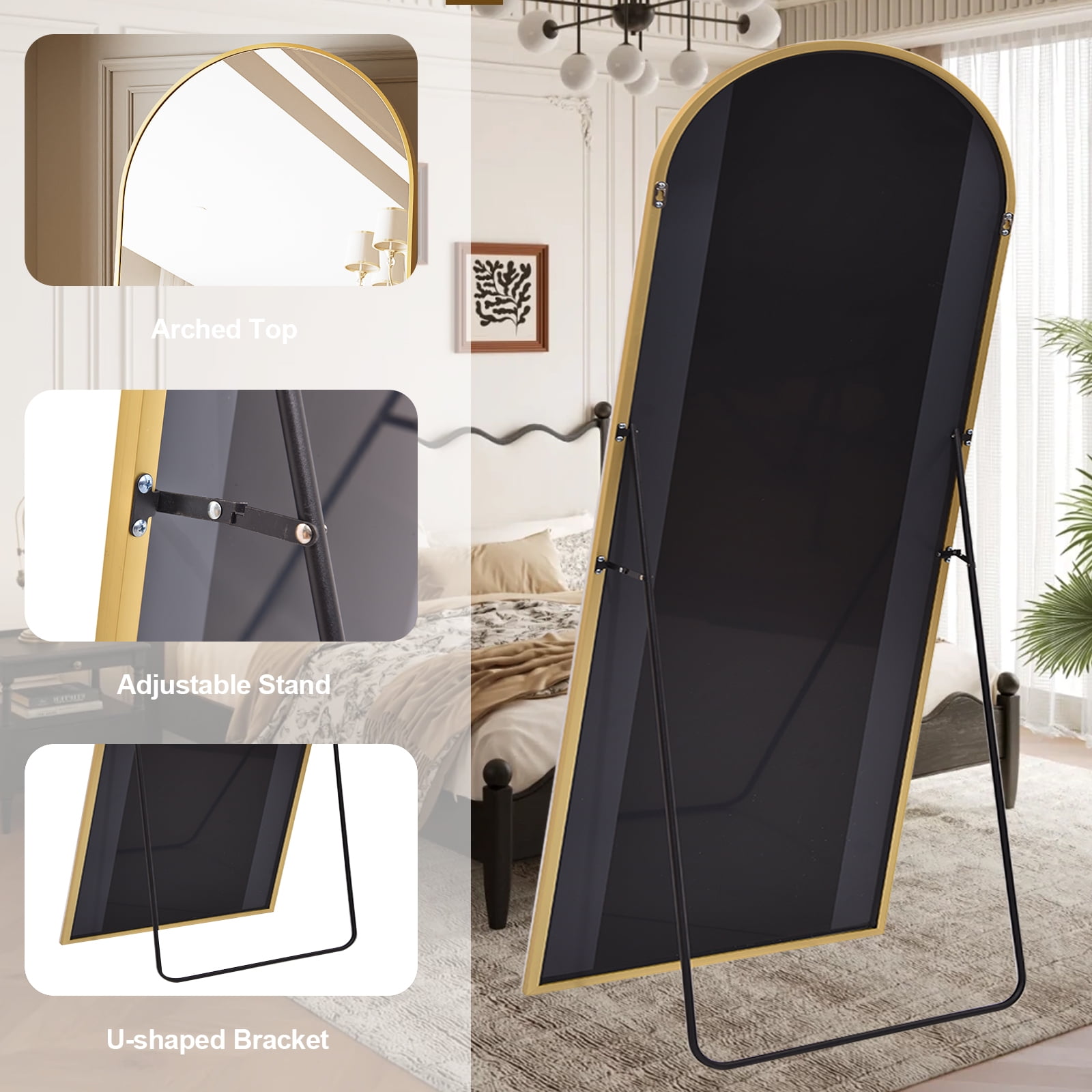 Anyrose 71"x30" Arched Full Length Mirror Floor Mirror Wall-Mounted Leaning Mirror, Gold