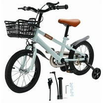 14 16 Inch Kids Bike, Children Bikes for Boys Girls Age 3-7 Years with Training Wheels, Handbrake, Basket, Kids Bicycle Cyan/Red