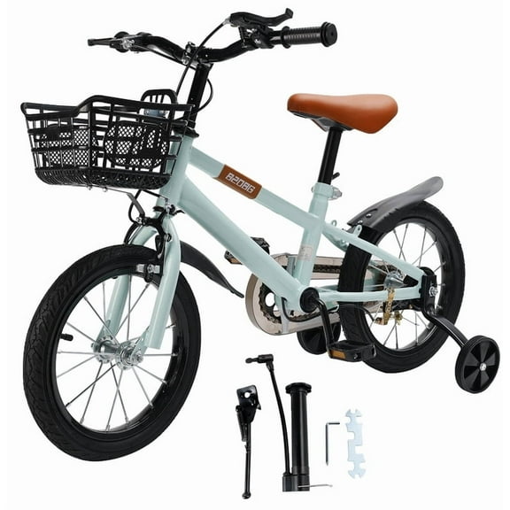 14 16 Inch Kids Bike, Children Bikes for Boys Girls Age 3-7 Years with Training Wheels, Handbrake, Basket, Kids Bicycle Cyan/Red