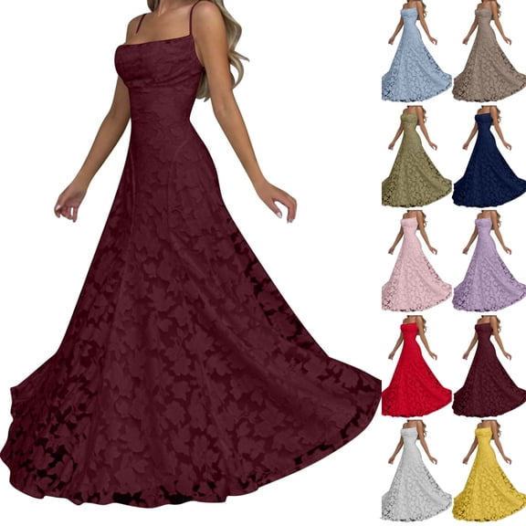 JOANKDMI Elegant Dresses for Women Maxi Spaghetti Strap Square Neck Floral Lace Formal Gown A-Line Flowy Prom Evening Cocktail Wedding Guest Flattering Long Dress