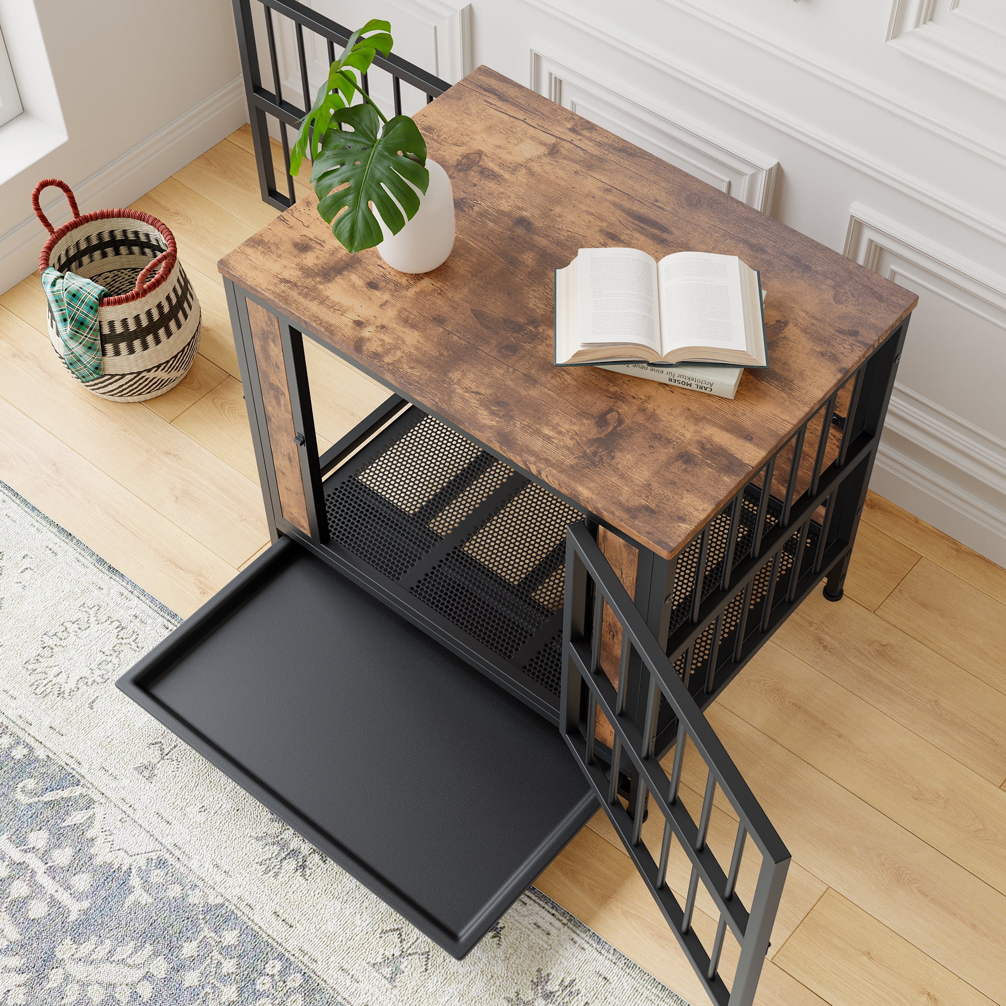 Dog Crate Furniture, Wooden Dog Crate Table, 38.9" Dog Kennel with 2 Sliding Doors and Thick Iron Door Frame, Decorative Pet Crate House