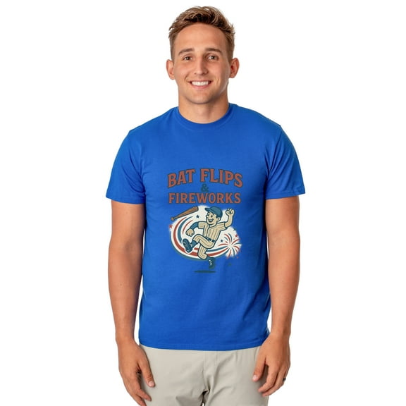 Baseball American Pastime T-Shirt Men's Bat Flips and Fireworks Patriotic Short-Sleeve Funny Graphic Print Tee