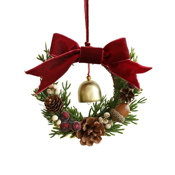 SLYNSHome Christmas Mini Wreath Ornaments with Bells,Hanging Small Bow Wreath for Kitchen Cabinet Porch Wall Window Decor