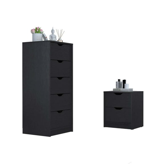 Raymer 2 Piece Bedroom Set, Gandu Nightstand & Kamran Dresser, Black
