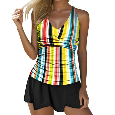 Hwmodou Womens Athletic Racerback Color Block Tank Top And Panty Bathing Suits With Skirt High Waist Tummy Control Swimsuits Swimwear