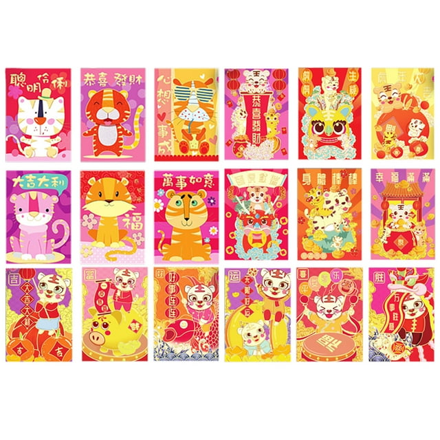 Coofit 2022 Enveloppe Rouge Chinoise de Poche Dessin Animé 18 Pcs Tigre Rouge Enveloppe Argent Porte-Bonheur