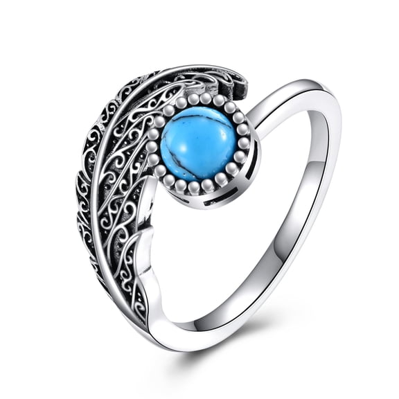 MYSTICPOEM Turquoise Feather Rings 925 Sterling Silver Adjustable Ring Western Thumb Rings Vintage Jewelry Gifts for Women