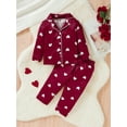 thumbnail image 2 of Conjunto de pijama de satén para bebé niña pequeña, con estampado de corazón, camisa con cuello de solapa y pantalones con cintura elástica, ropa de estar por casa para el día de San Valentín, 2 of 7