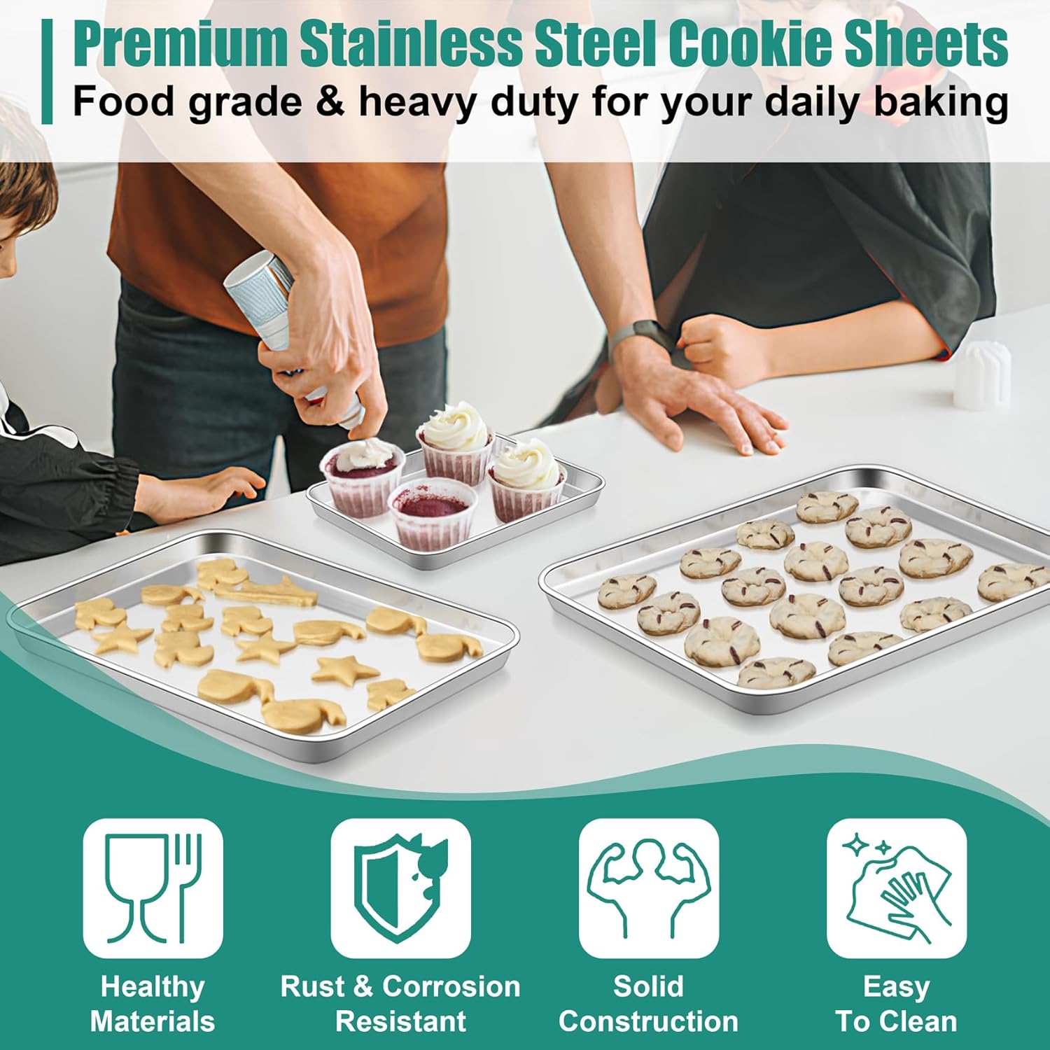 Baking Sheet Set of 3, 16/12.5/9.3 Inch Stainless Steel Cookie Sheets Baking Pans, Metal Oven Baking Tray for Cooking Roasting Serving, Non-Toxic & Mirror Finish & Dishwasher Safe