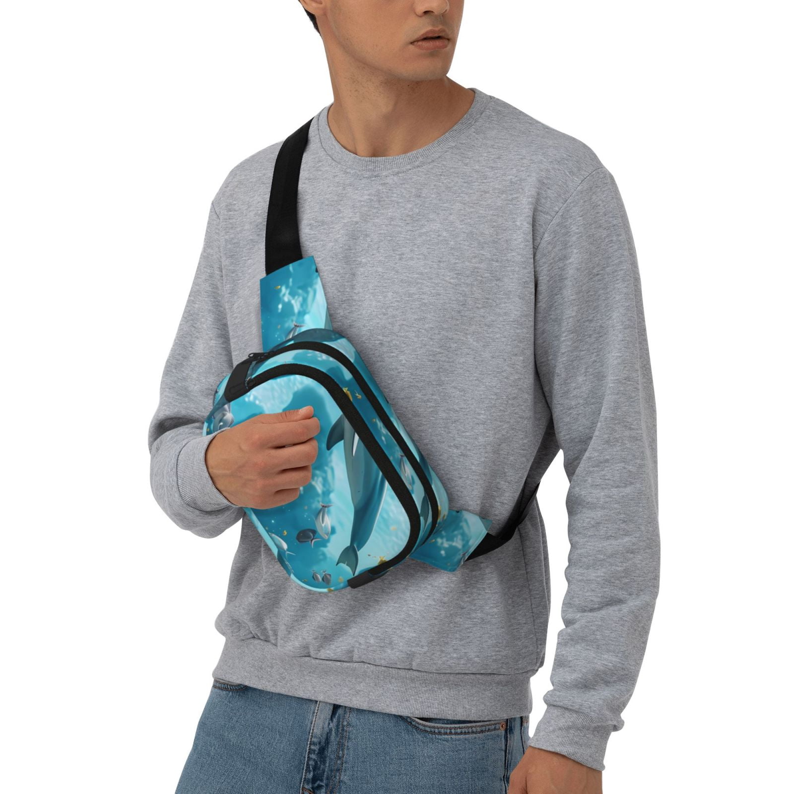 Fuzoiu Underwater Dolphin Scene Print Unisex Square Double Layer Waist Bag,Crossbody Fanny Pack Travel Workout Accessory