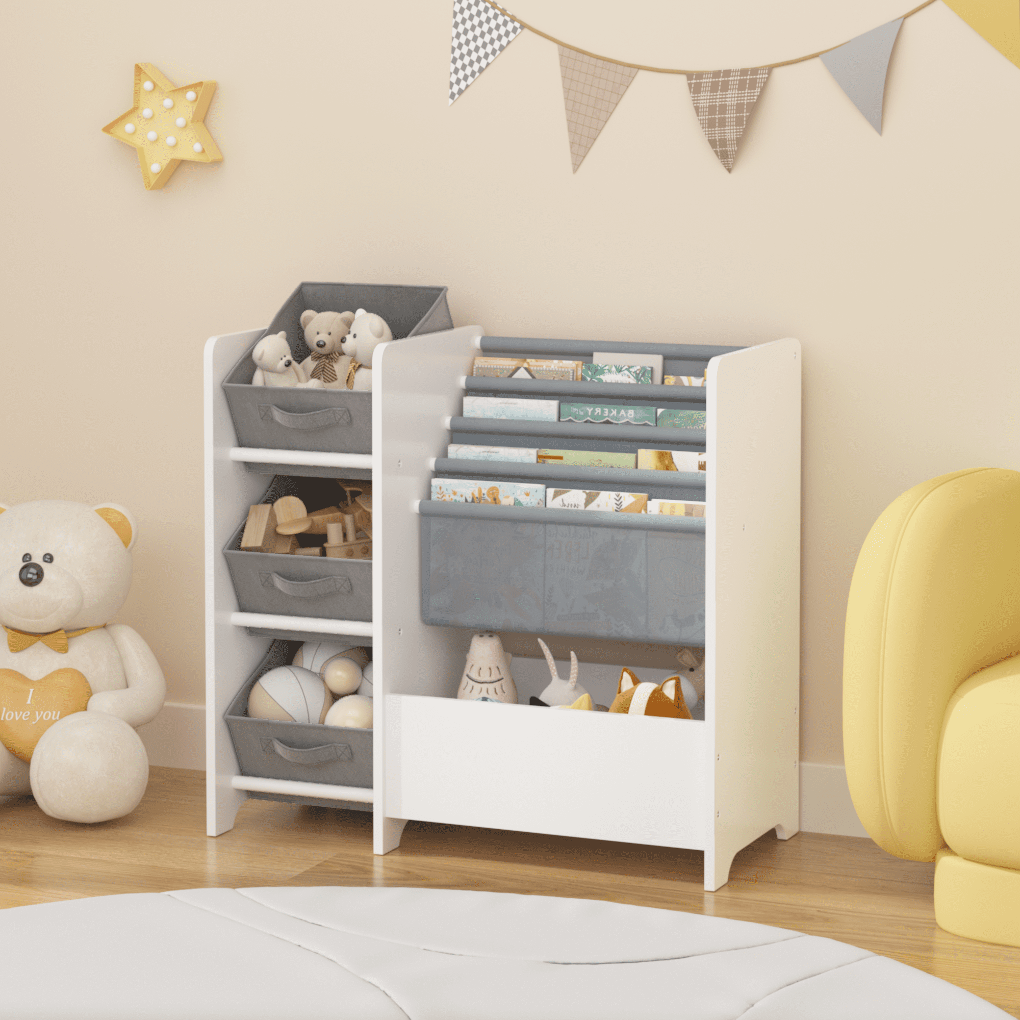 4-Tier Kids Bookshelf with 3 Fabric Drawers - White Toy & Book Storage Organizer for Nursery (25.59" X 11.81")