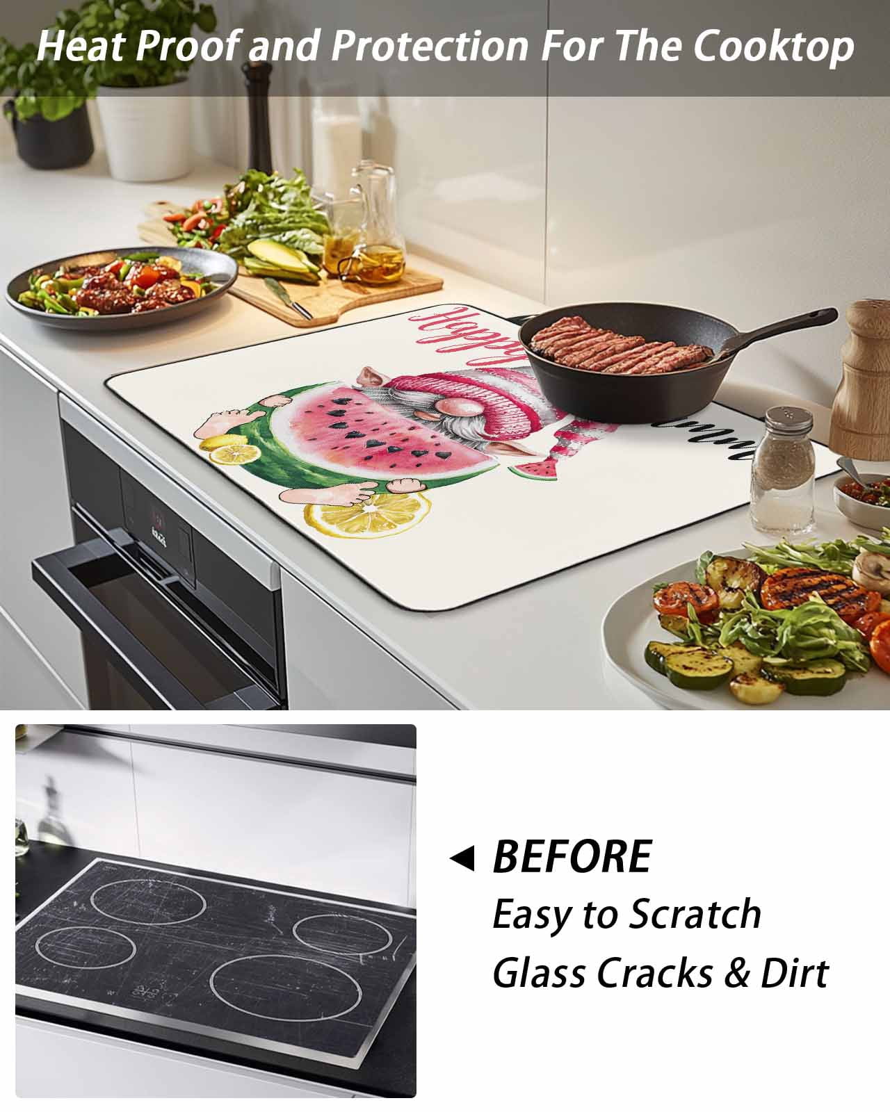 Stove Top Covers for Electric Stove 28.5x20.5 Inches, Cute Gnomes Heat Insulation Fireproof Glass Cooktop Protector, Red Watermelon Summer Country Rustic Retro Countertop Stovetop Cover for Kitchen