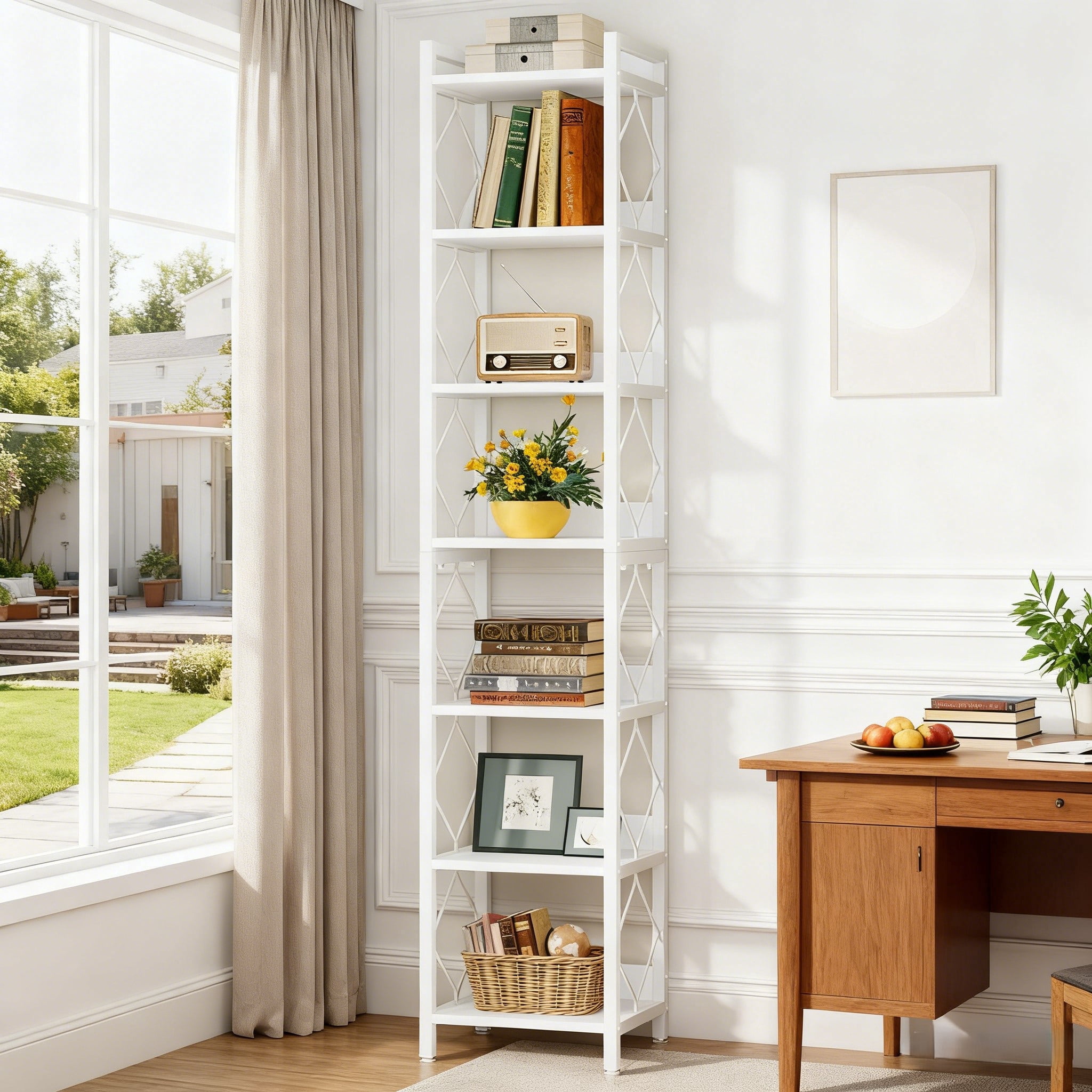 Fnova 78.7" 7-Tier Tall Storage Shelf, Narrow Metal Wood Bookshelf for Small Spaces, Office, Library, Living Room