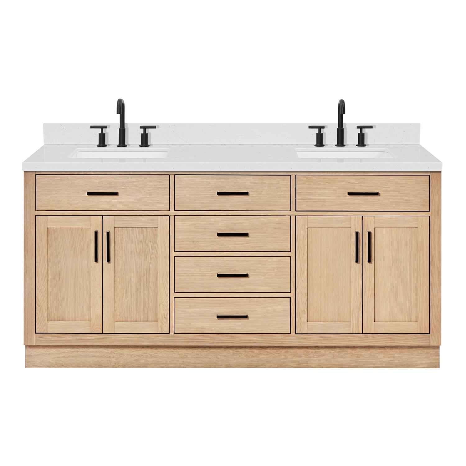 ARIEL Hepburn 72 Inch Double Rectangle Sink Bathroom Vanity With Carrara White Quartz Countertop 1.5 Inch Edge In Oak