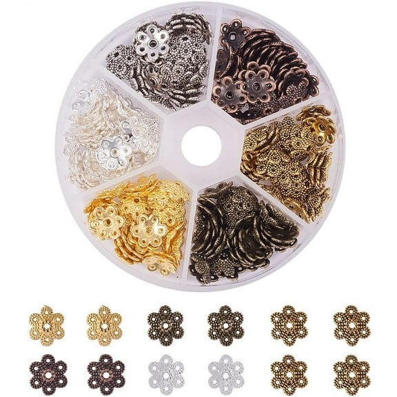 180pcs Flower Bead Cap 6 Colors Bead End Cap Alloy Filigree Metal Multi-Petal Spacer Beads Caps End Charm Caps for DIY Earrings Bracekets Necklace Jewelry Craft Making for DIY