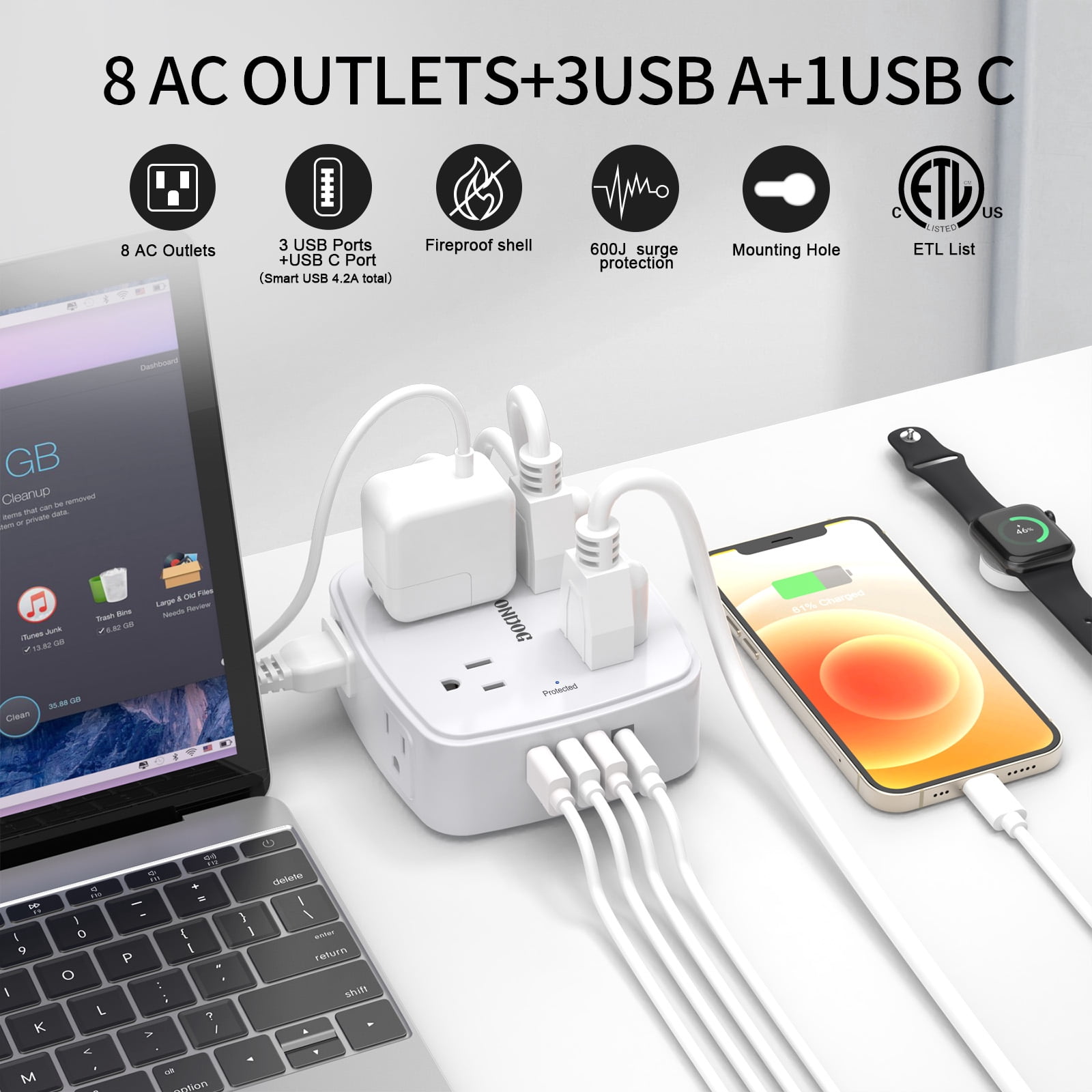 ONDOG 6ft Extension Cord Surge Protector - 8 Outlets and 4 USB (3U1C) Power Strip, ETL Listed