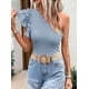 thumbnail image 5 of Camisas de Mujer con Volantes, Corta, Hombros Descubiertos, Corte Entallado, Cuello Alto, Punto Acanalado Azul XL, 5 of 8