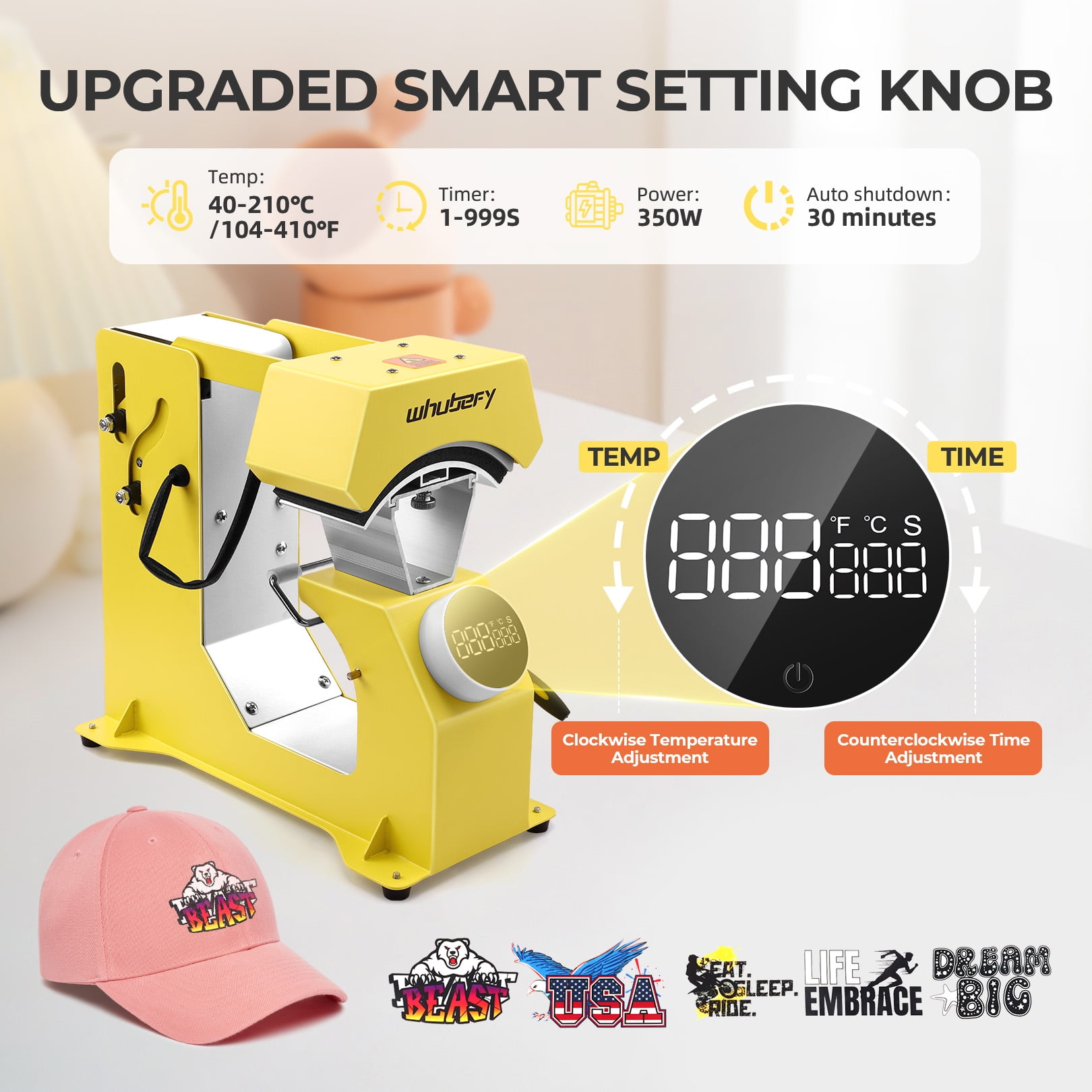 Adnoom 3-in-1 Hat Heat Press, Auto Cap Heat Press Machine with 3 Platens, Yellow