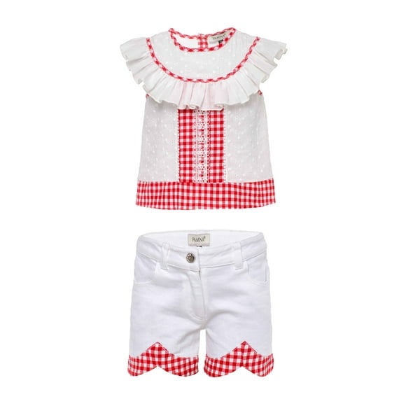 Girls White and Red Gingham Ruffle Short Set in Sizes 2T-6